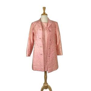 Vintage 60s S Pink Mod Dress Set JACKET WOUNDED Mod Handmade Jacquard Geometric